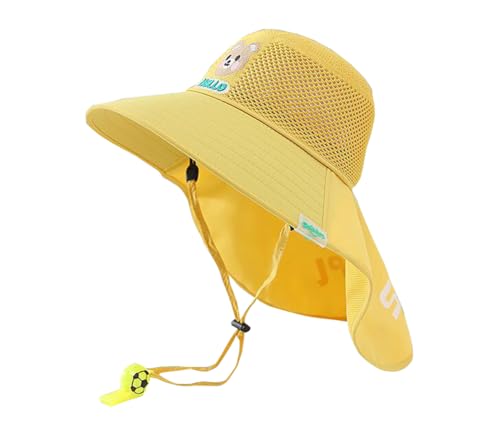 Kids Sun-Hat Outdoor UV Protection Cap Hat Wide Brim Breathable Sun Hat for Children with Whistle-Yellow