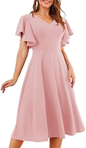 Blush Bridesmaid Dresses Flare Cocktail Dresses V Neck Swing Tea Dresses Semi Formal Church Dress for Prom/Party/Date Blush L