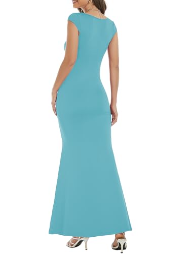 Image of Womens Summer Cap Sleeve Square Neck Elegant Casual Lounge Bodycon Slim Maxi Evening Party Long Dress