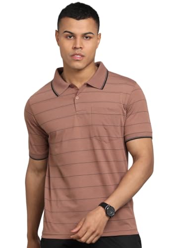 Image of INKKR Men Striped Polo Neck Cotton Blend T-Shirt
