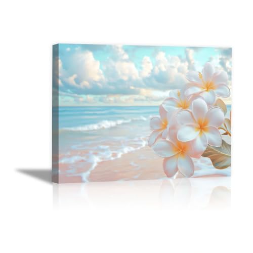 Tableau Toile Plumeria Océan Turquoise pour Rénover la Déco d'une Salle de Bain