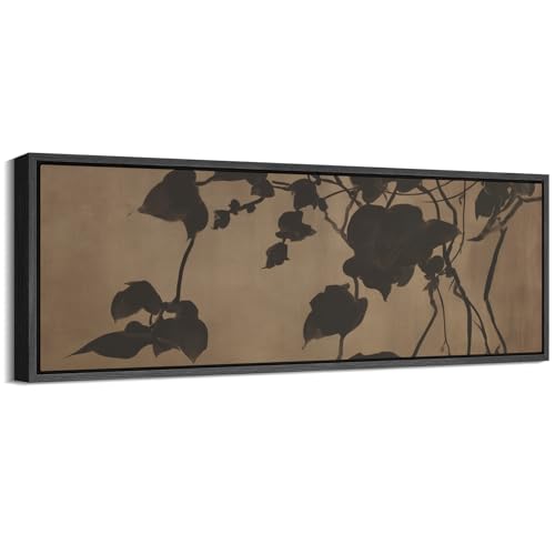 Image of MUDECOR Large Framed Canvas Print Wall Art Minimalist Shadow Leaves Neutral Botanical Silhouette Antique Retro Ready to Hang Painting for Living Room Bedroom Multi-Sizes - 60 inchx20 inch