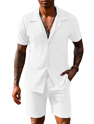 URRU Mens Short Sets 2 Piece Outfits Summer Beach Terry Short Sleeve Button Down Shirt and Shorts Set - Main Image