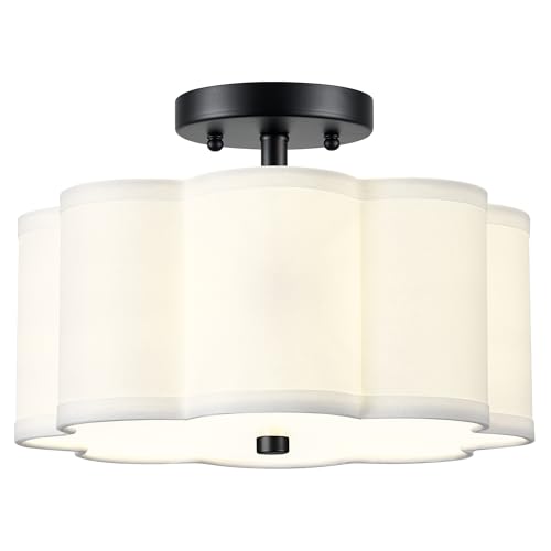 Image of Semi Flush Mount Ceiling Lights, 3-Light 13 inch Ceiling Light Fixtures with Fabric Shade in Flower Shape, Matte Black Drum Lighting for Nursery Hallway Bedroom Kitchen, AD-22007-3SF-BK