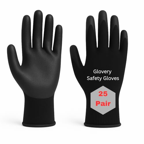 Image of Nylon Safety Work Gloves with Nitrile Coating - Industrial-Grade Protection for Cleaning, Warehouse, Mechanics, Construction - Durable, Flexible, Non-Slip Grip (Black, 25 Pair)
