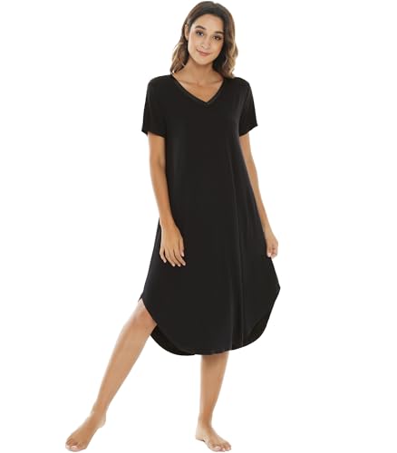 Image of NACHILA Nightgowns for Women-Viscose Made from Bamboo, V Neck Sleepshirts Short Sleeve Sleepwear Cool Nightshirt