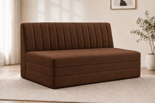 Image of Three Seater Sofa Bed, Velvet Fabric Foldable Sofa Cum Bed with Soft Foam Cushioning, Convertible Floor Couch for Living Room, Guest Room & Home Use (Brown, Pre-Assembled)