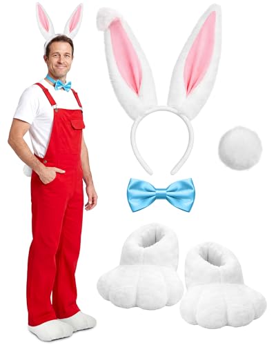 Suhine 5 Pcs Easter Bunny Costume Set rabbit Ear Headband Tail Bow Tie Overall Red Feet Slippers for Adult Party Dress Up(Small)