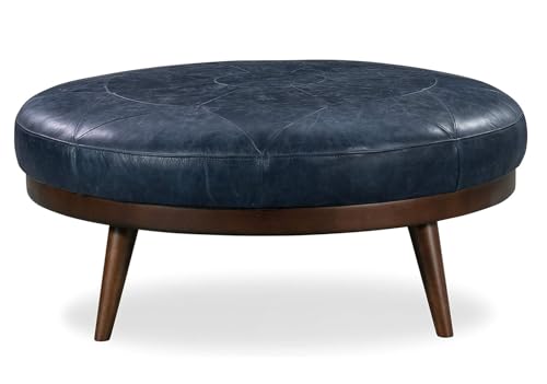 Image of POLY & BARK Gio Ottoman - 30 inch Round with Feather-Down Topper - Full-Grain Leather Upholstery - Couch Ottoman for Living Room - Vintage Italian Leather in Midnight Blue