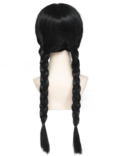 Image of Rose bud Wednesday Addams Cosplay Wig Long Hair Heat Resistant Adjustable Fit 23 Inches Double Braided Black Wigs With Bangs for Halloween Cosplay