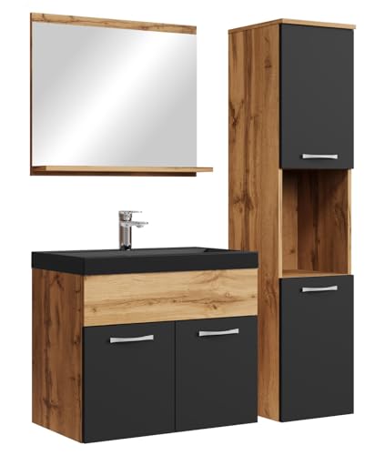 Badplaats B.V. Meuble de Salle de Bain Montreal 60 cm lavabo Noir - Chene avec Noir Mat - Armoire de Rangement Meuble lavabo evier Meubles
