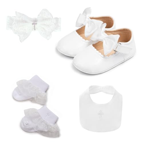 White Christening Baptism Baby Girl Outfits Dressup Accessories Gift 4 Pcs Headband Socks Shoes Sets
