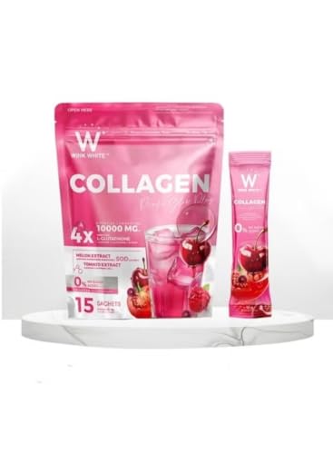Wink White Collagen Pink Glow Plus Collagen Drink Powder 10000 mg Hydrolyzed Type I with L-Glutathione Melon Extract Tomato Extract SOD 15 Sachets