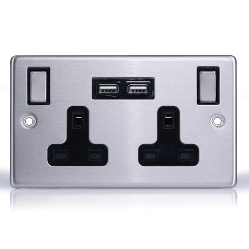 Status Stainless Steel Double Switched Power Plug Wall Socket with 2 x USB Ports, 13 Amp, 2 Gang, Wall Socket, Screw Through, Pack of 1 (SSS2G13A2USBSWS8)