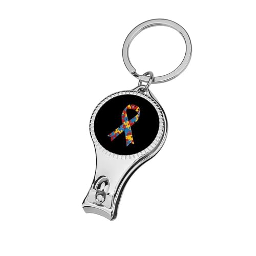 Image of Autism Ribbon Awareness Nail Clipper Nail Care Tools Curved Blade Foldaway Nail File Corkscrew with Keychain