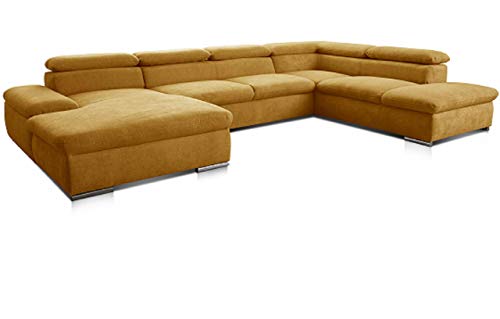 CAVADORE Alkatraz, paesaggio domestico dal design moderno, a forma di U con longchair sinistro e pouf destro, con funzione letto + regolazione testiera, 350 x 73 x 226, giallo