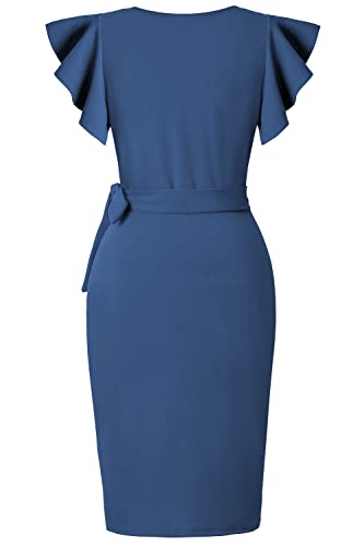 Image of oten Womens Deep V Neck Ruffle Sleeve Sheath Casual Cocktail Party Work Faux Wrap Dress