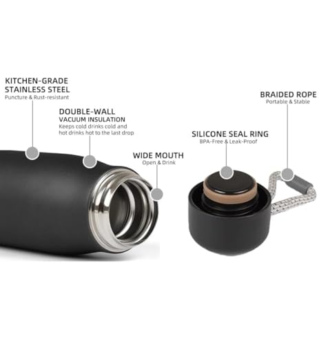 Water Bottle with Portable Lid Metal Thermos Vacuum Insulated Stainless Steel | Reusable Leak Proof BPA-Free Flask | 17oz, Black