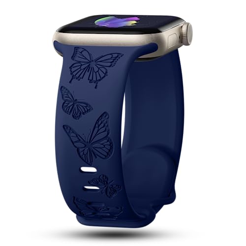 Image of Butterfly Engraved Bands Compatible with Apple Watch Band 41mm 40mm 38mm 49mm 46mm 49mm 46mm 45mm 44mm 42mm Women, Silicone Sport Strap for iWatch Series SE 10 9 8 7 6 5 4 3 2 1 SE Ultra