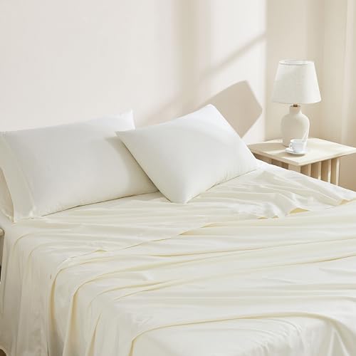 Image of Linen Closet Organic100% Cotton Twin XL Bed Sheet 3Pcs Set- Fresh Ivory Crisp Percale, Deep Pocket up to 16 inch - Lightweight,Breathable&Naturally Cooling-Ideal for College Dorm,Soft & Comfy(Pack of 4)