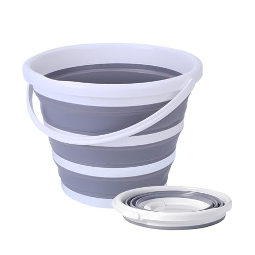 Car Collapsible Bucket, 10L 2.6 Gallon Foldable Portable Vehicle Folding Bucket, Universal Automotive Cleaning Bucket Accessories for Indoor Outdoor Car Washing Garden Camping (White/Gray)