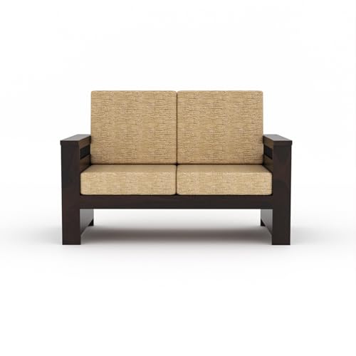 Image of Sheesham Wooden 2 Seater Sofa for Living Room | Rosewood 2 Seater Cushion Sofa Side Half Moon Rack | Solid Wood Sofa Set for Lounge (2 Seater,Walnut)