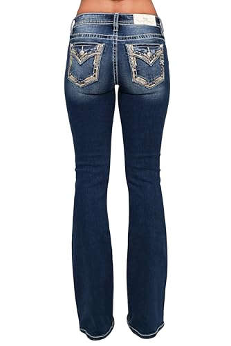 Miss Me Women's Mid-Rise Cheyenne Border Faux Flap Pockets Bootcut Jeans