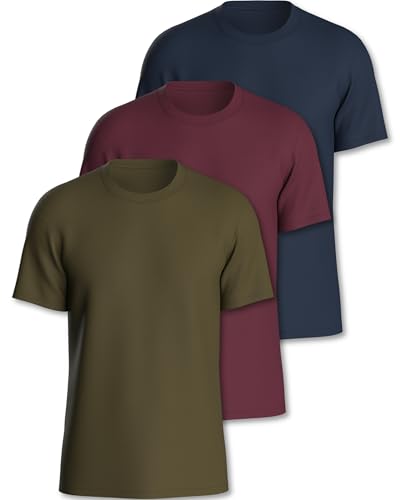 Image of Pierre Calvini Mens T-Shirt - 100% Cotton Premium Weight T Shirts - Regular Fit Short Sleeve Tee - Plain Crew Neck Mens Multipack - 3 Pk - Olive, Burgundy, & Navy Blue - XL
