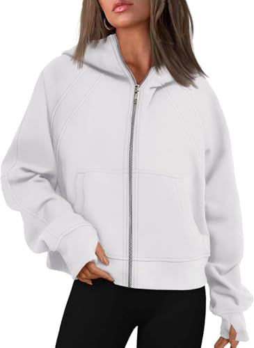 Sudaderas con Capucha Recortadas con Cremallera para Mujer Sudaderas De Vellón con Cremallera Completa Jersey De Ropa De Invierno con Bolsillo, Lightgrey, S