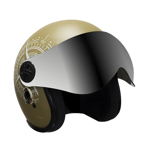 Turtle Helmet Star with Visor Half Face with Scratch Resistive Silver Visor & Hard Shell ABS Plastic Helmet, Khaki, Medium Size, (M-58 cm)