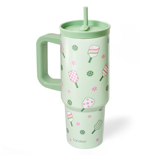 SANDJEST Pickleball Stainless Steel Locking Lid Silicone Straw Tumbler with Handle 40oz Insulated Stainless Steel Travel Cup for Women Girls Friends Players Gift Idea for Birthday Christmas