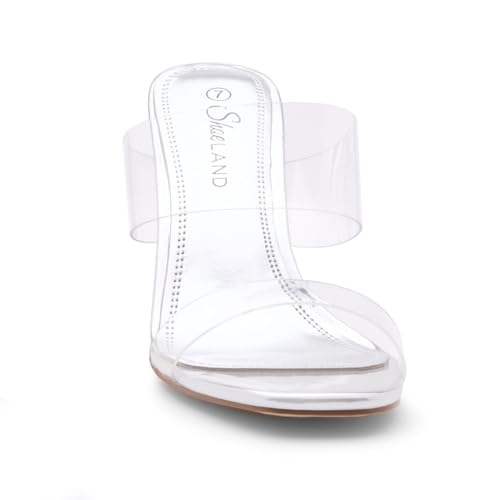 Image of Shoe Land Clear Heels for Women, Transparent Two Strap Chunky Block High Heel Mules, Slip On Square Toe Dressy Sandals for Wedding, Party, Prom