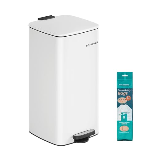 SONGMICS Poubelle de Cuisine, Poubelle 30 L, Poubelle à Pédale en Acier, avec Seau Intérieur, Fermeture Douce et Maintien en Ouverture, Blanc Nuage LTB593W02