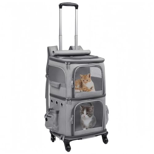 GUIXIAOGUO バックパック ペットキャリーバッグ 猫 2 匹 キャリー リュック キャスター付き 4輪360度回転 小型 犬 キャリー カート 2段式 ペット用 ネコ の トロリーバッグ 大容量 通気性 旅行/通院/交通機関/災害避難用 10斤以内