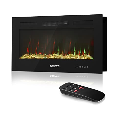FOGATTI 36 inch RV Electric Fireplace, Wide Recessed and Wall Mounted, Remote Control with Timer, 1500/750W Heater (60℉-97℉ Thermostat), Realistic 7 Color Flame, Crystals & Driftwood Options