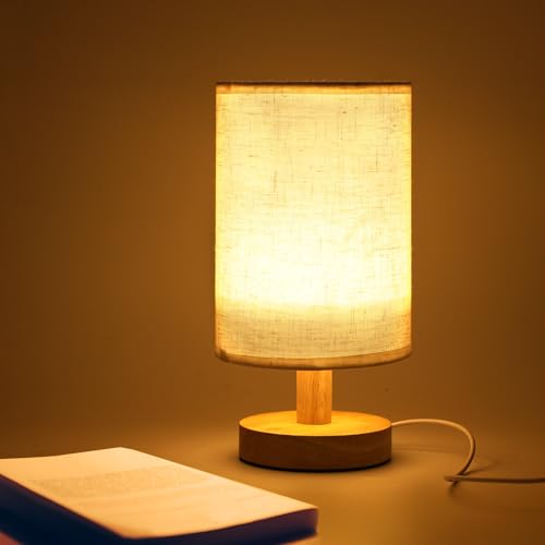 Baytion Bedside Table Lamp Warm USB Charging Bedroom Bedside Lamp Nightstand Lamp with Linen Lampshade and Log Base for Bedroom Kids Room and Living Room (Button Switch; Fixed Lighting)