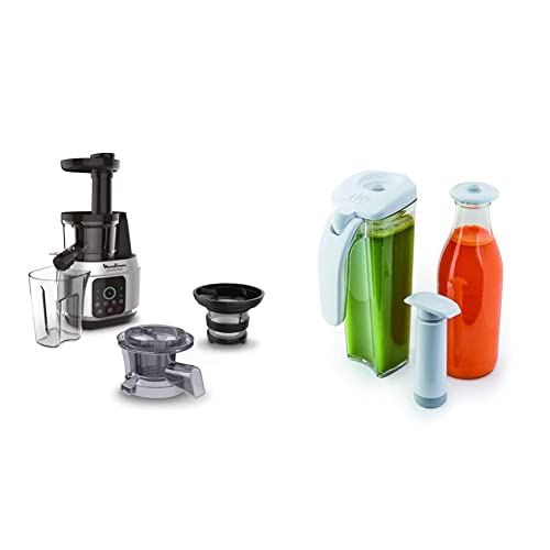 Moulinex Juice & Clean Extracteur de jus de fruits et de légumes, Jus vitaminés, Pressoir, 150 W, 42 à 83 tours/min, Jus de fruits frais, & Kit de...