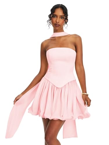 Chiffon Homecoming Dressse for Teens with Scarf Strapless Prom Cocktail Drop Waist Mini Party Dress PU300