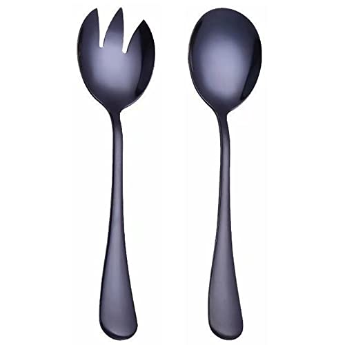 Duories Couverts à salade en acier inoxydable, 20 cm, pince à salade, salade, service, mixeur, fourchette à salade et cuillère de service, couverts en acier inoxydable, passent au lave-vaisselle, noir