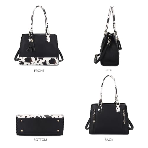 Image of JESSIE & JAMES Montana Whipstitching Cow Print Top Handle Satchel Purse with Adjustable Shoulder Strap