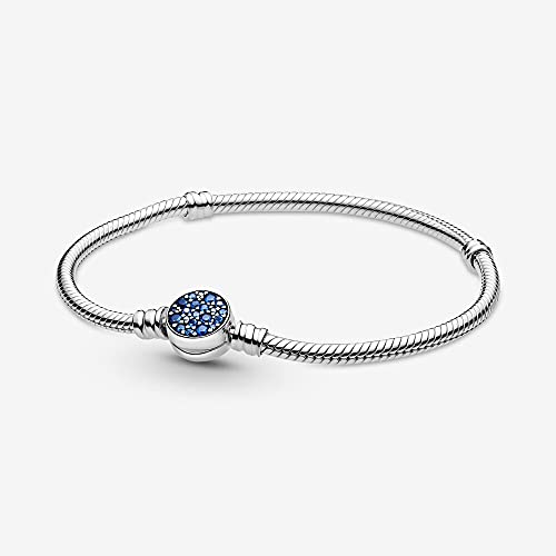 PANDORA Moments Sparkling Blue Disc Clasp Snake Chain Bracelet - Iconic Snake Chain - Charm Bracelet - Gift for Her - Sterling Silver & Sparkling Blue Crystal - With Gift Box - 7.1"2