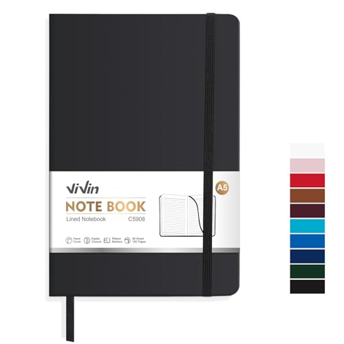 ViVin Lined Journal Notebooks for Work, 192 Pages, Medium 5.5 x 8.3 inch, College Ruled, A5 Hardcover Journaling Notebooks for Writing，Black，1 Pack