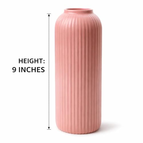 Image of SPHINX Ribbed Pipe Ceramic Vase, Flower Vase, Pampas Grass Vase, Vase for Money Plant Live Plants for Home, Office, or Gifts NO Flowers- (Glossy Pink, 9 Inch)