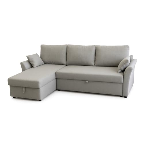 IBERA HOME Romeo - Sofá Cama 3 Plazas con Chaise Longue Reversible y Almacenamiento - Tapizado en Tela Moderna y Fácil de Limpiar - Espuma de Alta Densidad - 215x153x86 cm (Blanco Roto)
