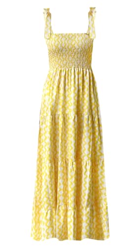 Image of kinstell Women's Summer Boho Spaghetti Strap Square Neck Ruffle Casual Flowy Long Dress Beach Swing Party Maxi Dress