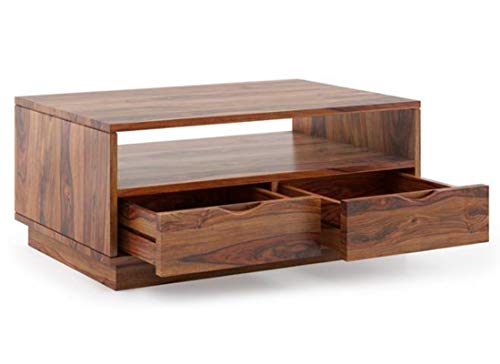 Image of DRIFTINGWOOD Wooden Rectangle Center Coffee Table for Living Room | Centre Coffee Table with 2 Drawers & Shelf Storage for Home | Sheesham Wood, Natural Brown
