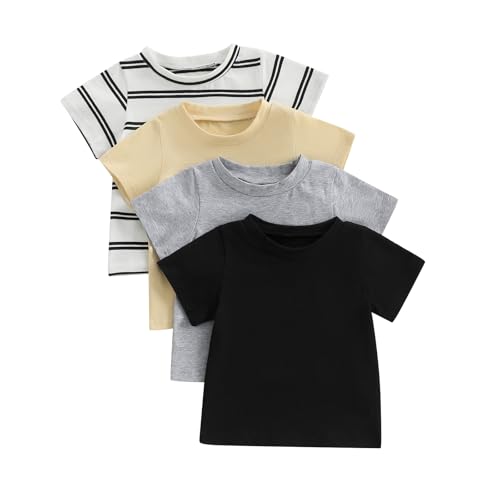 Image of Baby Boy 4-Pack Short Sleeve Crewneck T-Shirts Top Active Tee Toddler Boys' Solid/Striped Cotton T-Shirt