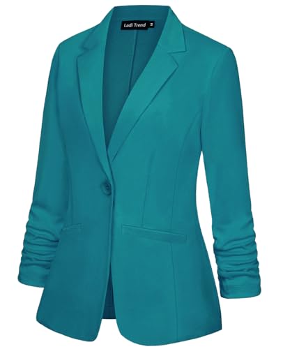 Womens Blazer Jacket Suit Notched Lapel Button Blazers Ruched 3/4 Sleeve Tailored Jacket Coat Workwear(Darkcyan 2XL)2