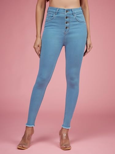 Image of Miss Chase Women's Skinny High Rise Cropped Fringed Hemline Detailing Stretchable Denim Jeans