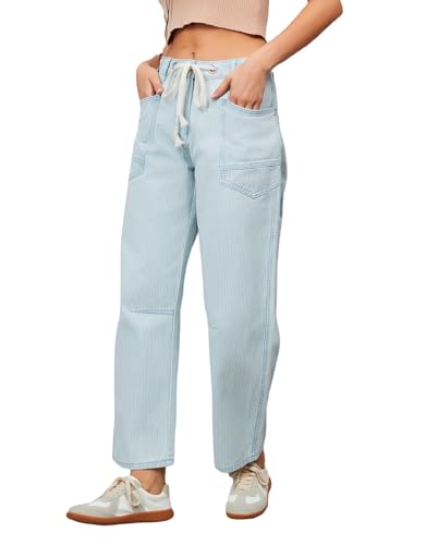 Ladyful Striped Barrel Jeans Women High Waisted Baggy Jeans Wide Leg Denim Pant with Eyelet Drawstring